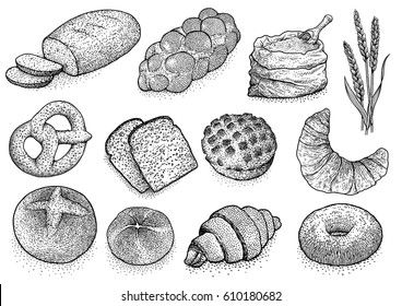 Bakery products illustration, drawing, engraving, ink, line art, vector