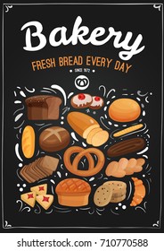 Bakery products including wheat and rye bread, cookies, croissants and design elements on black chalkboard vector illustration 