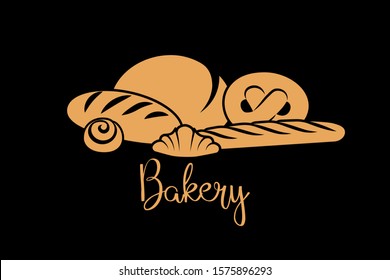 Bakery products isolated on black background. Bakery shop, bakehouse emblem design. Vector illustration