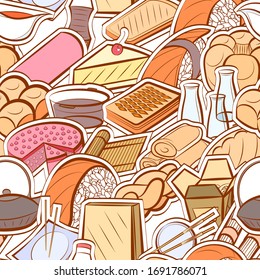 Bakery products and Japanese food pattern. Background for printing, design, web. Seamless. Colored.