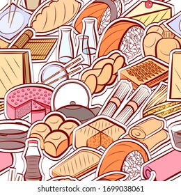 Bakery products and Japanese food pattern. Background for printing, design, web. Seamless. Colored.