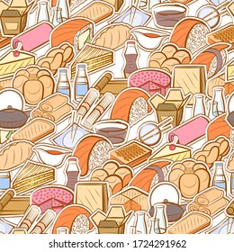 Bakery products and Japanese food pattern. Background for printing, design, web. Seamless. Colored.