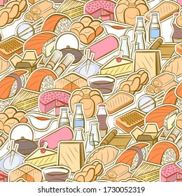 Bakery products and Japanese food pattern. Background for printing, design, web. Seamless. Colored.