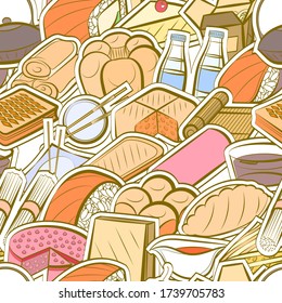 Bakery products and Japanese food pattern. Background for printing, design, web. Seamless. Colored.