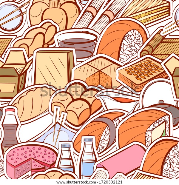 Bakery products and\
Japanese food pattern. Background for printing, design, web.\
Seamless. Colored.