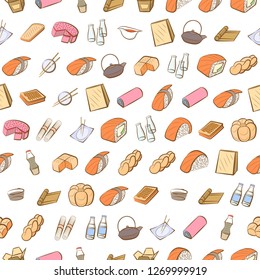 Bakery products and Japanese food set. Background for printing, design, web. Usable as icons. Seamless. Colored.