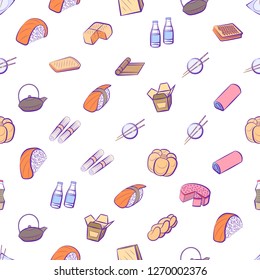 Bakery products and Japanese food set. Background for printing, design, web. Usable as icons. Seamless. Colored.