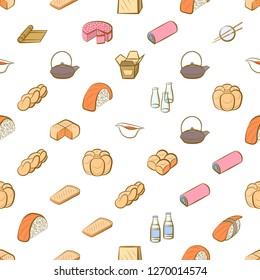 Bakery products and Japanese food set. Background for printing, design, web. Usable as icons. Seamless. Colored.