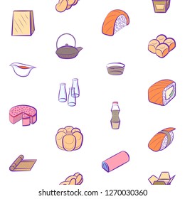 Bakery products and Japanese food set. Background for printing, design, web. Usable as icons. Seamless. Colored.