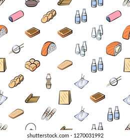 Bakery products and Japanese food set. Background for printing, design, web. Usable as icons. Seamless. Colored.