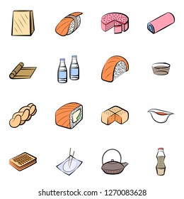 Bakery products and Japanese food set. Background for printing, design, web. Usable as icons. Seamless. Colored.