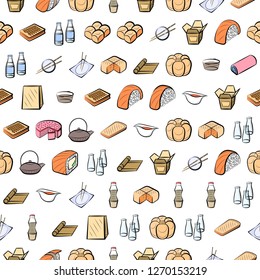 Bakery products and Japanese food set. Background for printing, design, web. Usable as icons. Seamless. Colored.