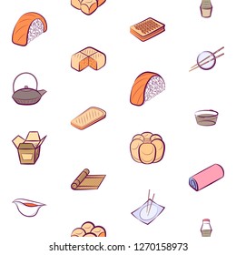 Bakery products and Japanese food set. Background for printing, design, web. Usable as icons. Seamless. Colored.