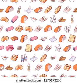 Bakery products and Japanese food set. Background for printing, design, web. Usable as icons. Seamless. Colored.