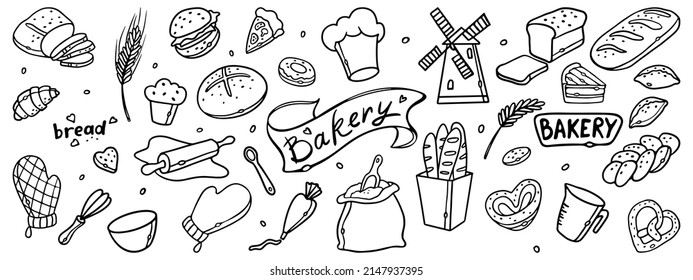 Bakery products and kitchenware for design menu. Outline Hand drawn doodles Bakery Set vector illustration.