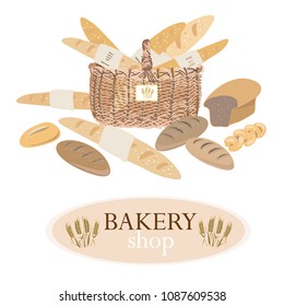 Bakery products like baquettes, breads, croissants adn buns in the backet. Vector illustration of bakery on white background. Bakery shop with corn cobs