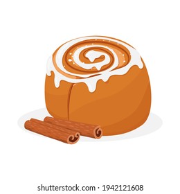 Bakery products. A loaf of bread. Cinnamon rolls with icing. Cinnamon.