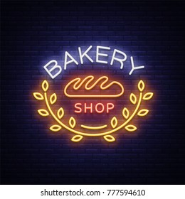 Bakery products logo, fresh bread, loaf. Neon sign, bright banner, shining symbol on the topic of fresh pastries and bakery products. Vector illustration