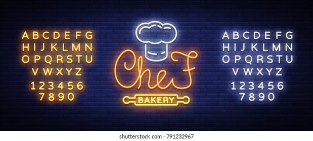 Bakery products logo, fresh bread, loaf. Neon sign, bright banner, shining symbol on the topic of fresh pastries and bakery products. Vector illustration. Editing text neon sign. Neon alphabet