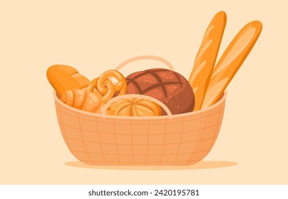 Bakery products made from flour in a wicker basket. Delicious fragrant pastries. Vector illustration