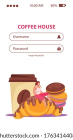 Bakenerzeugnisse Mobile Anwendung mit Kuchen- und Kaffeesymbole flache Vektorgrafik