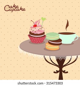 Bakery products on a round table with a mug of coffee, confectionery, sweets, desserts. Vector illustration of confectionery products on the table, cards, menus, stickers, banners.