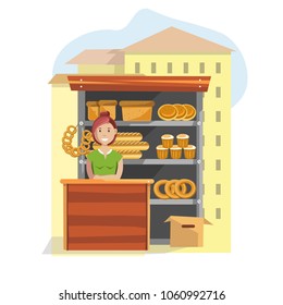 Bakery products on street counter and female seller
