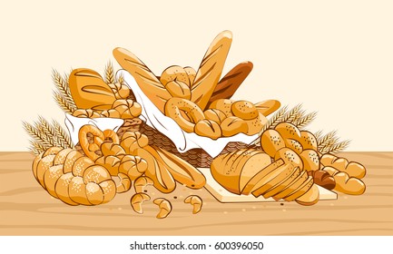 Bakery products on table. Basket with bread and other pastries. Roll vector collection in bakery shop. Vector illustration.