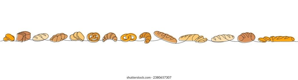 Backwaren Produkte eine Linie farbige kontinuierliche Zeichnung. Ganzkornbrot, Bretzel, Ciabatta, Croissant, Baguette, laufende 1-zeilige Illustration