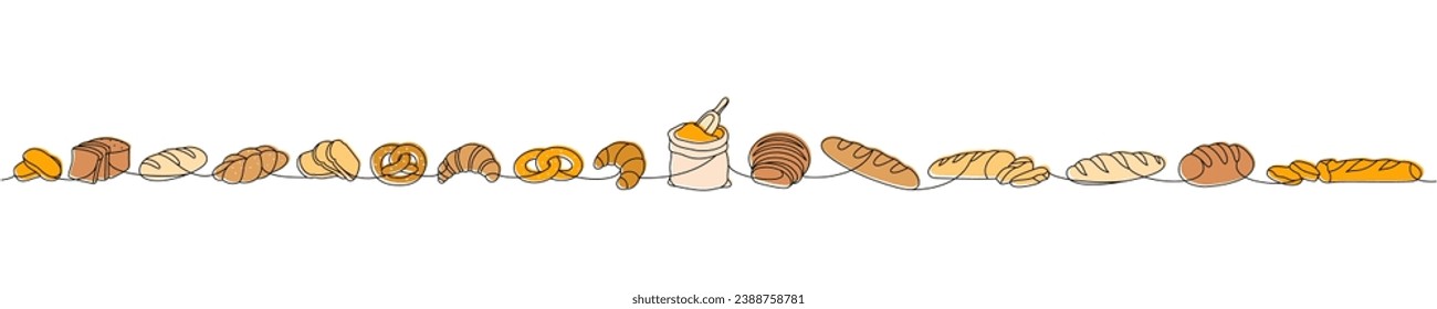 Backwaren Produkte eine Linie farbige kontinuierliche Zeichnung. Weizenbrot, Brezel, Ciabatta, Croissant, Bagel, gebackenes Brot, Baguette eine einzige Zeile Illustration.