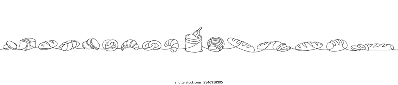 Bakery products one line continuous drawing. Wheat bread, pretzel, ciabatta, croissant, bagel, braided bread, french baguette one line illustration.