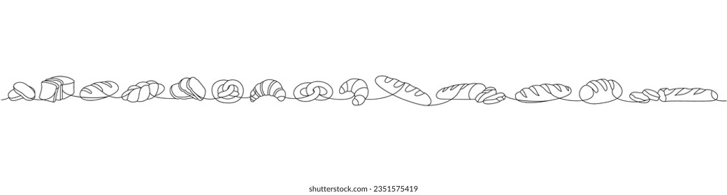 Bakery products one line continuous drawing. Whole grain breads, pretzel, ciabatta, croissant, bagel, french baguette continuous one line illustration