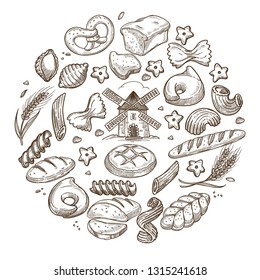 Bakery products pasta and bread of wheat flour vector sketch baguette and bun pretzel and ciabatta farfalle and stelle fusilli and penne conchiglie and pipe rigate cavatappi pastry food and windmill