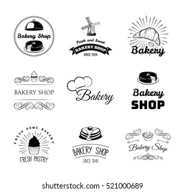 Bakery products and pastry Badges And Labels cupcake, cake, chef hat, bread, croissant. Menu restaurant. Pastry cook. Cooking. Baker Vector Illustration