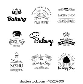 bakery products and pastry: cupcake, cake, chef hat, bread, croissant/ Menu restaurant. Pastry cook. Cooking. 