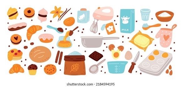 Productos de panadería. Ingredientes pasteleros y pasteles dulces. Abundante. Galletas y galletas. Proceso de cocina. Accesorios de horneado para utensilios de cocina. Comida al horno. Croissant de vainilla. Conjunto vectorial de Garish