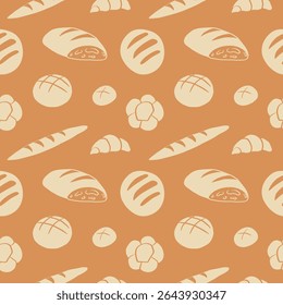 Bakery products pastry seamless pattern. Vector repeating background with hand drawn bread, loaf, bagel, croissant, muffin,  bun, cheesecake, eat wheat. Food, bakeshop, menu. Design textured rapport 