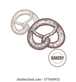 Bakery products. Pretzel isolated on white background. Vector food illustration art. Style Vintage engraving. Hand drawing of brown ink.