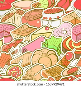 Bakery products, Seafood and Snacks pattern. Background for printing, design, web. Seamless. Colored.