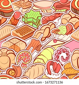 Bakery products, Seafood and Snacks pattern. Background for printing, design, web. Seamless. Colored.