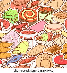 Bakery products, Seafood and Snacks pattern. Background for printing, design, web. Seamless. Colored.