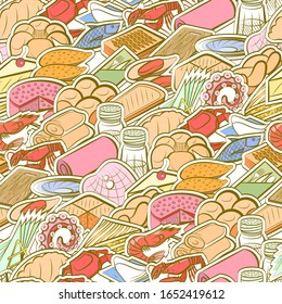 Bakery products, Seafood and Table setting pattern. Background for printing, design, web. Seamless. Colored.