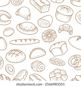 Bakery products seamless background. Croissants pastry sweet pie cheesecake flat cake wheat bread icon pattern isolated on white vector illustration