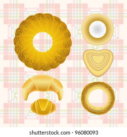 Bakery products in a seamless background pattern are shown in the picture.