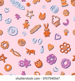 Bakery products seamless pattern. Cute simple decorative hand drown vector pattern background. wrapping, textile print. Element for cafe, estaurant, buffet menu