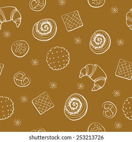Bakery products seamless pattern on brown background