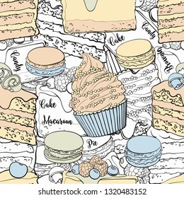 Bakery products seamless pattern in sketch style. Beautiful background with hand drawn line cakes, pies and cookies - tender texture with sweet desserts with fruits and berries.