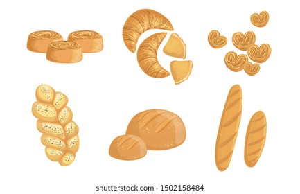 Bakery Products Set, Bread, Baguette, Loaf, Hala Vector Illustration