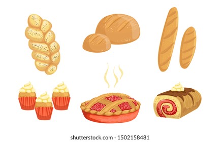 Bakery Products Set, Bread, Loaf, Hala, Cupcake, Pie, Roll Vector Illustration