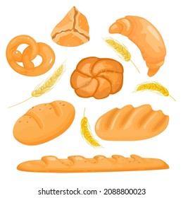 Bakery products set. Bread, loaf, baguette in cartoon style. Vector illustration